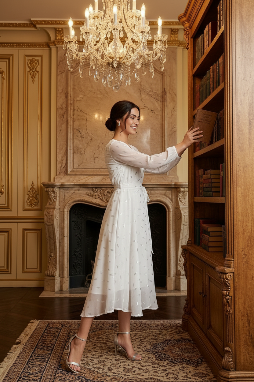 Souchii White Silver Embellished Chiffon Party Dress
