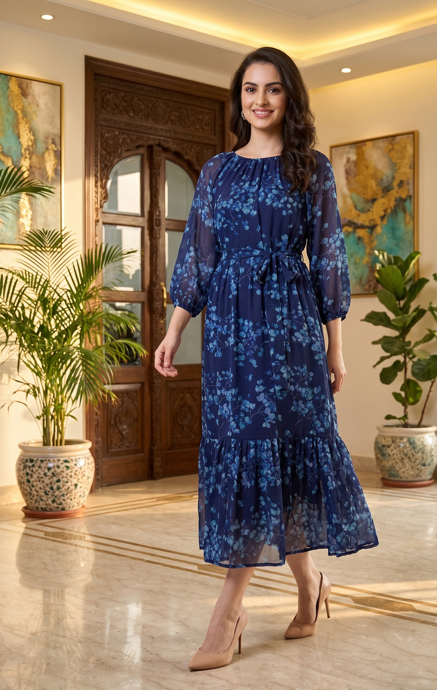 Women's Navy Blue Floral Printed Chiffon Midi Dress with Tie Waist | Elegant A-Line Party & Vacation Dress | Souchii