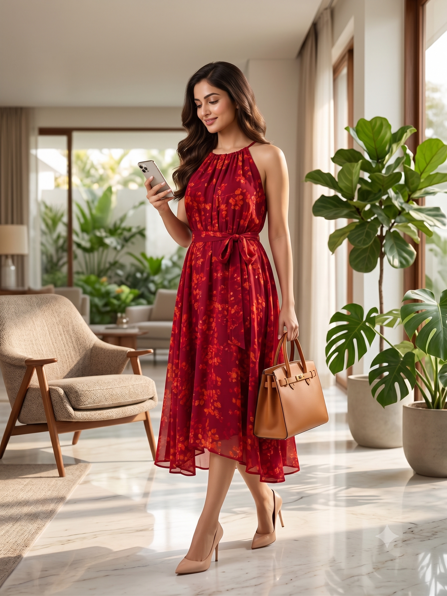 Souchii Women's Maroon Floral Printed Chiffon Midi Dress with Waist Tie Belt