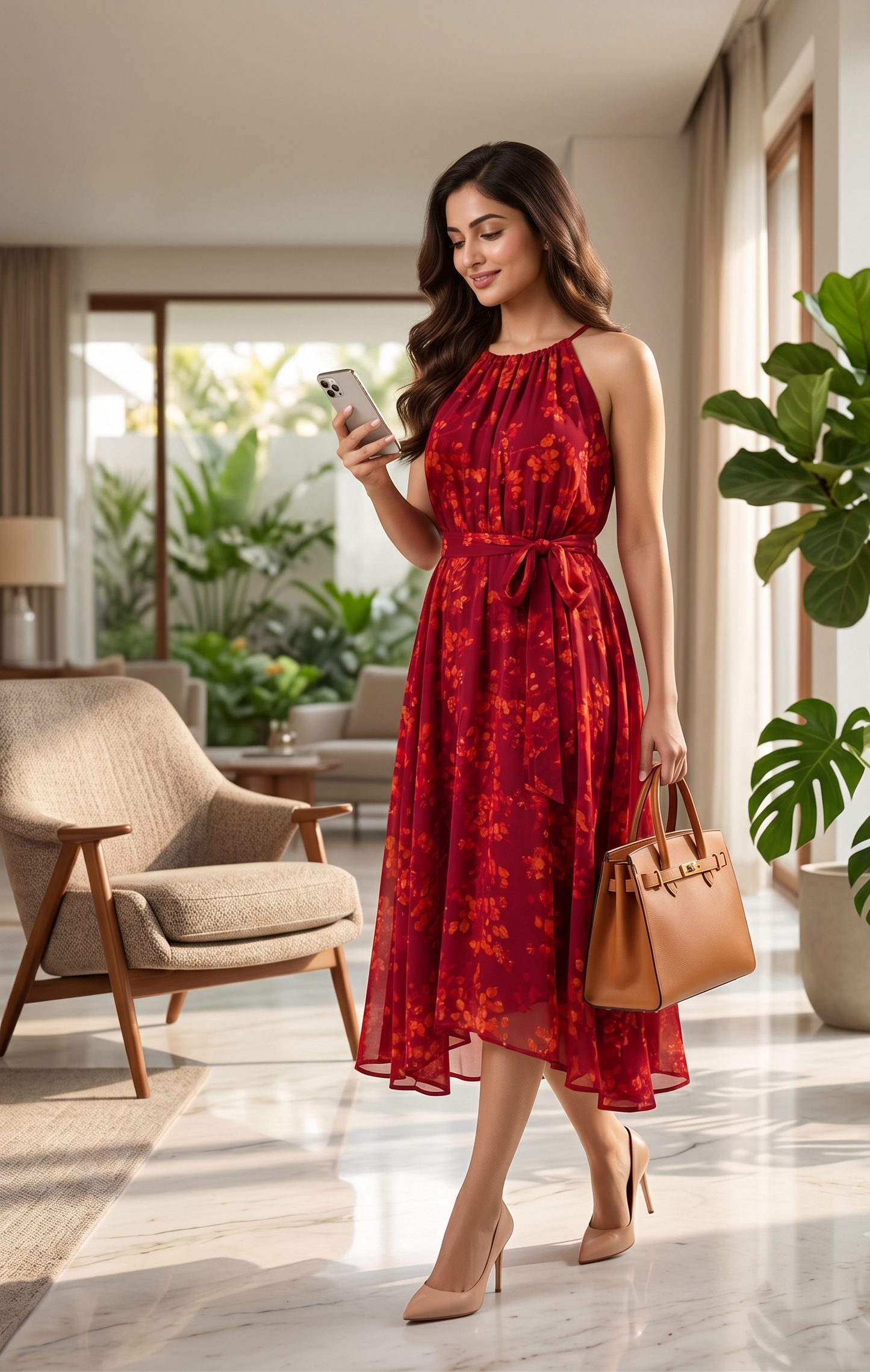 Souchii Women's Maroon Floral Printed Chiffon Midi Dress with Waist Tie Belt