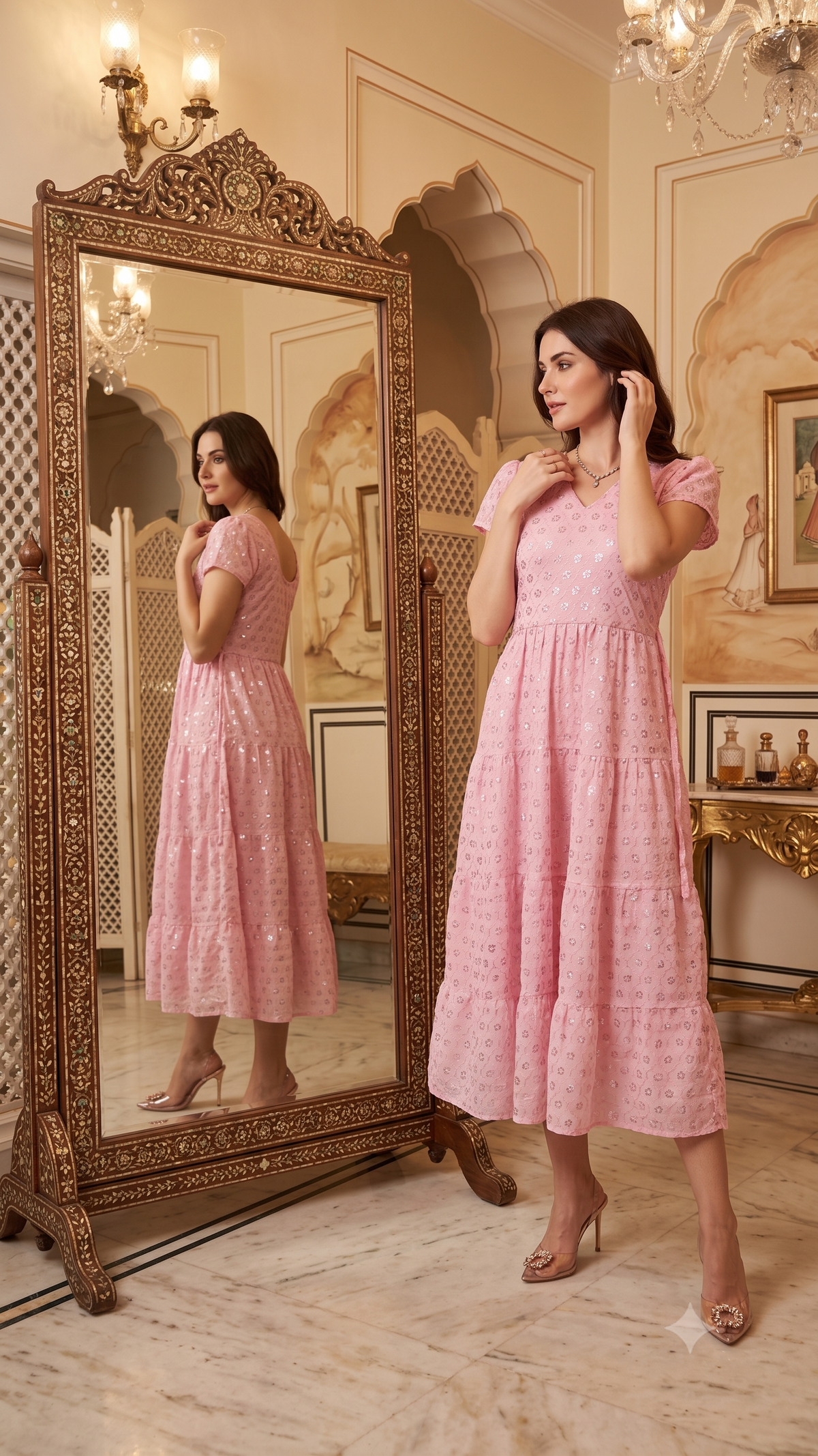 Souchii Pink Sequin Embroidered Fit & Flare Midi Party Dress