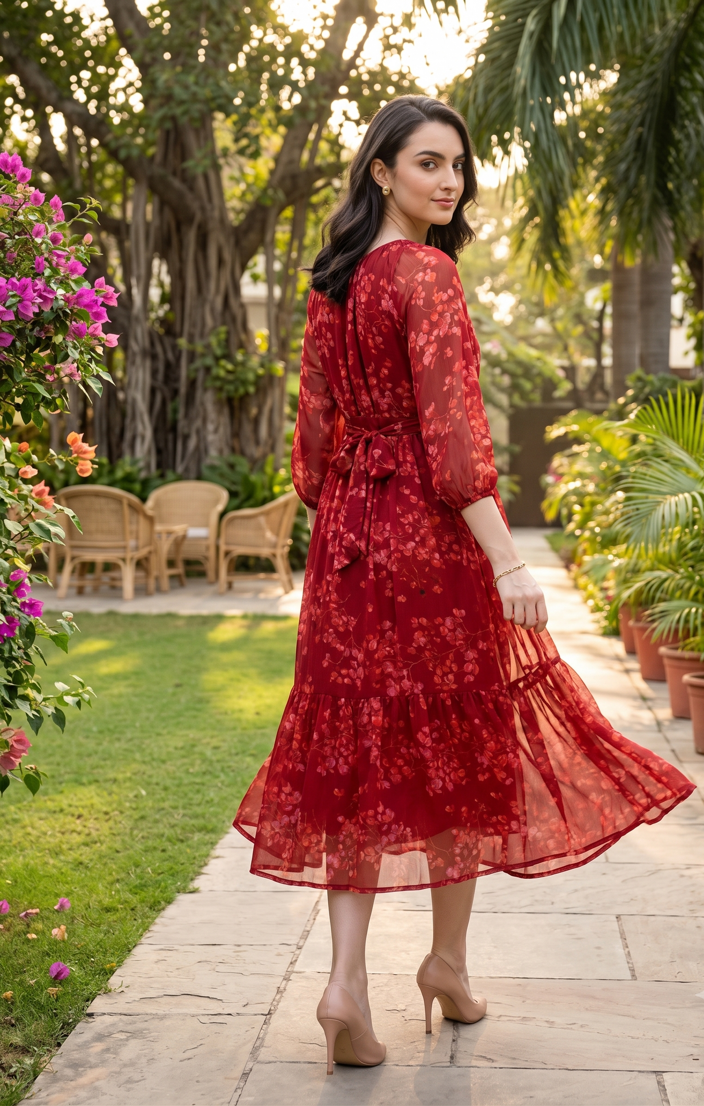 Floral Printed Chiffon Midi Dress with Sheer Sleeves | Souchii