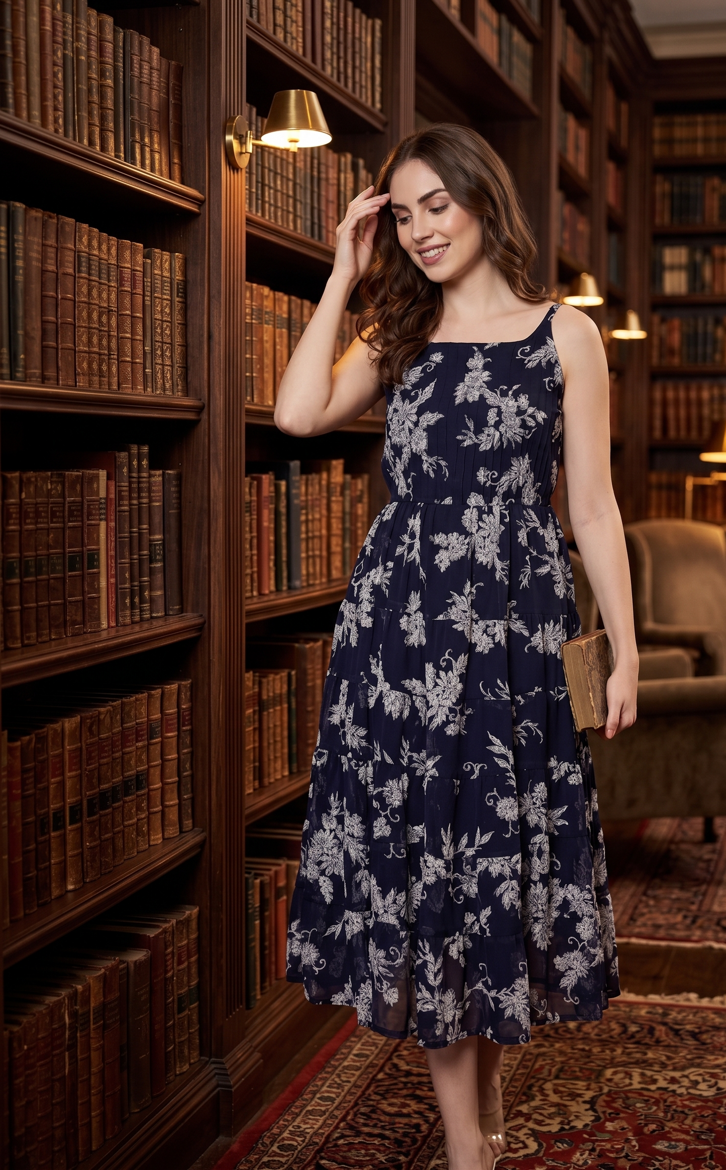 Souchii Women's Navy Blue Floral Printed Tiered Chiffon Midi Dress | Elegant Sleeveless Fit & Flare Party Dress