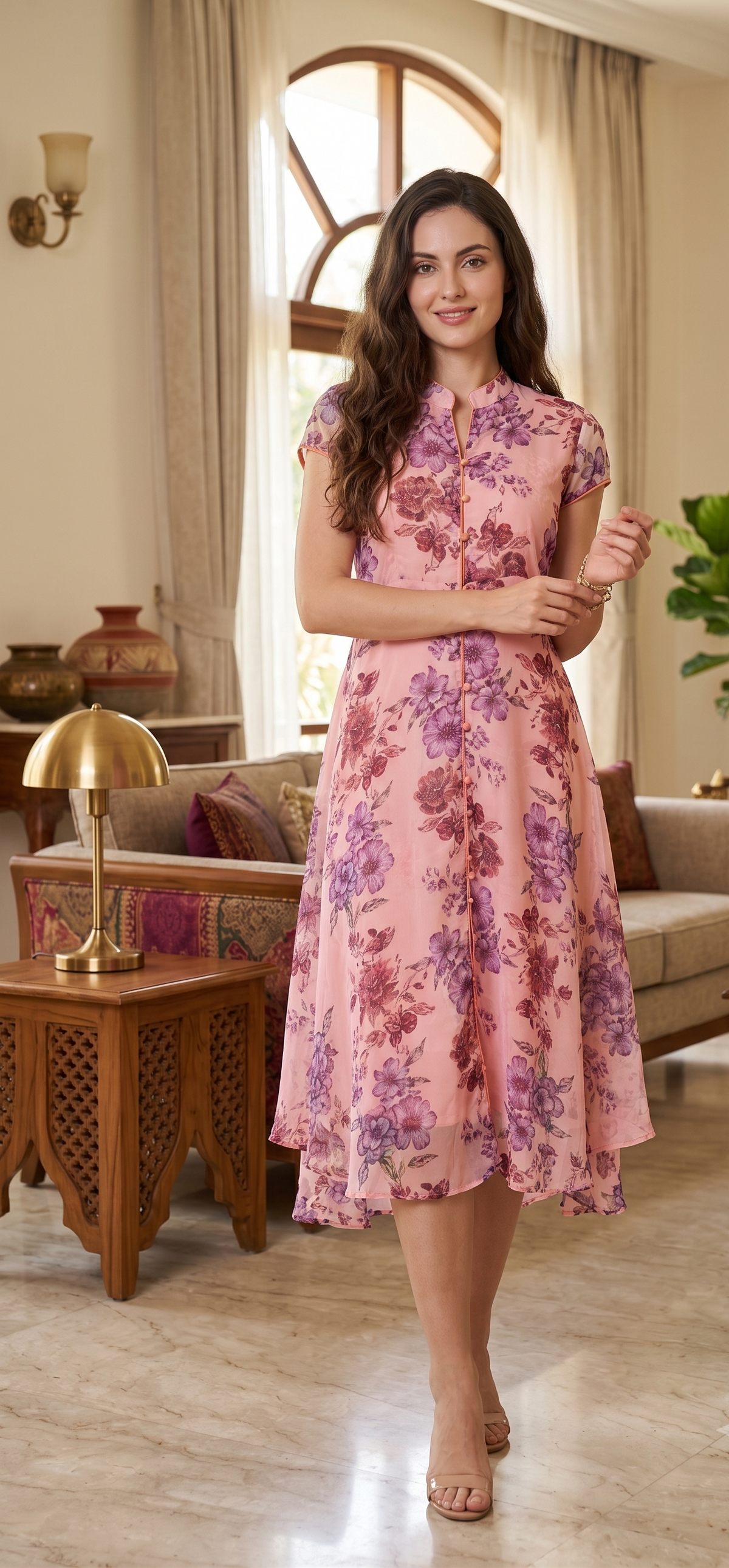 Souchii Pink Floral Printed Chiffon Fit & Flare Midi Dress