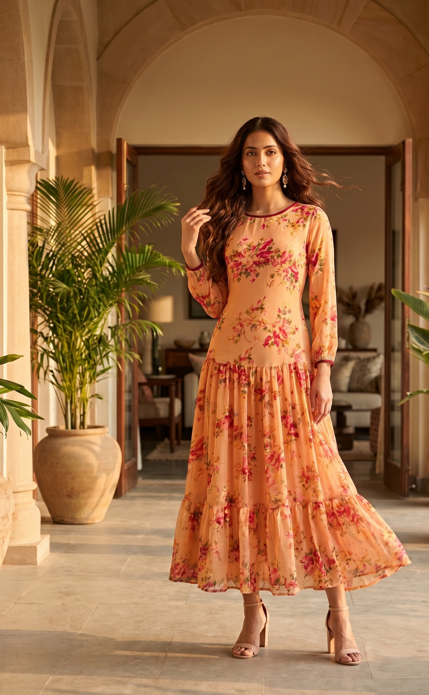 Souchii Peach Floral Chiffon Maxi Dress for Women | Elegant Long Sleeve Party & Occasion Wear