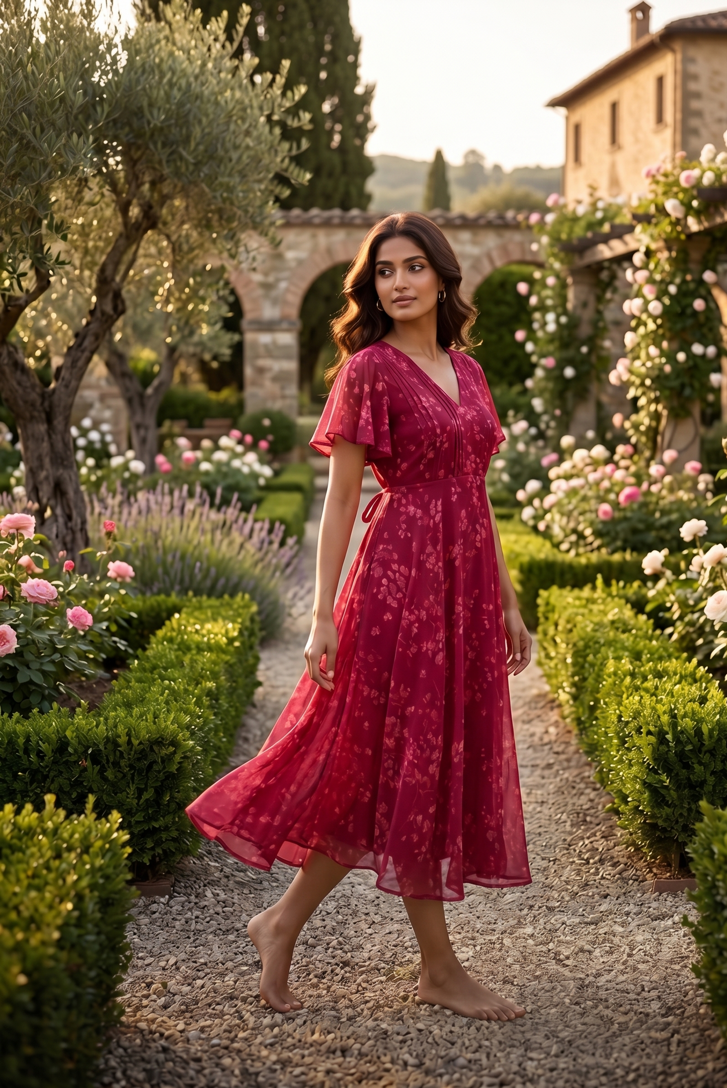 Souchii Women Red Floral Print Chiffon Fit & Flare Midi Dress with Flutter Sleeves