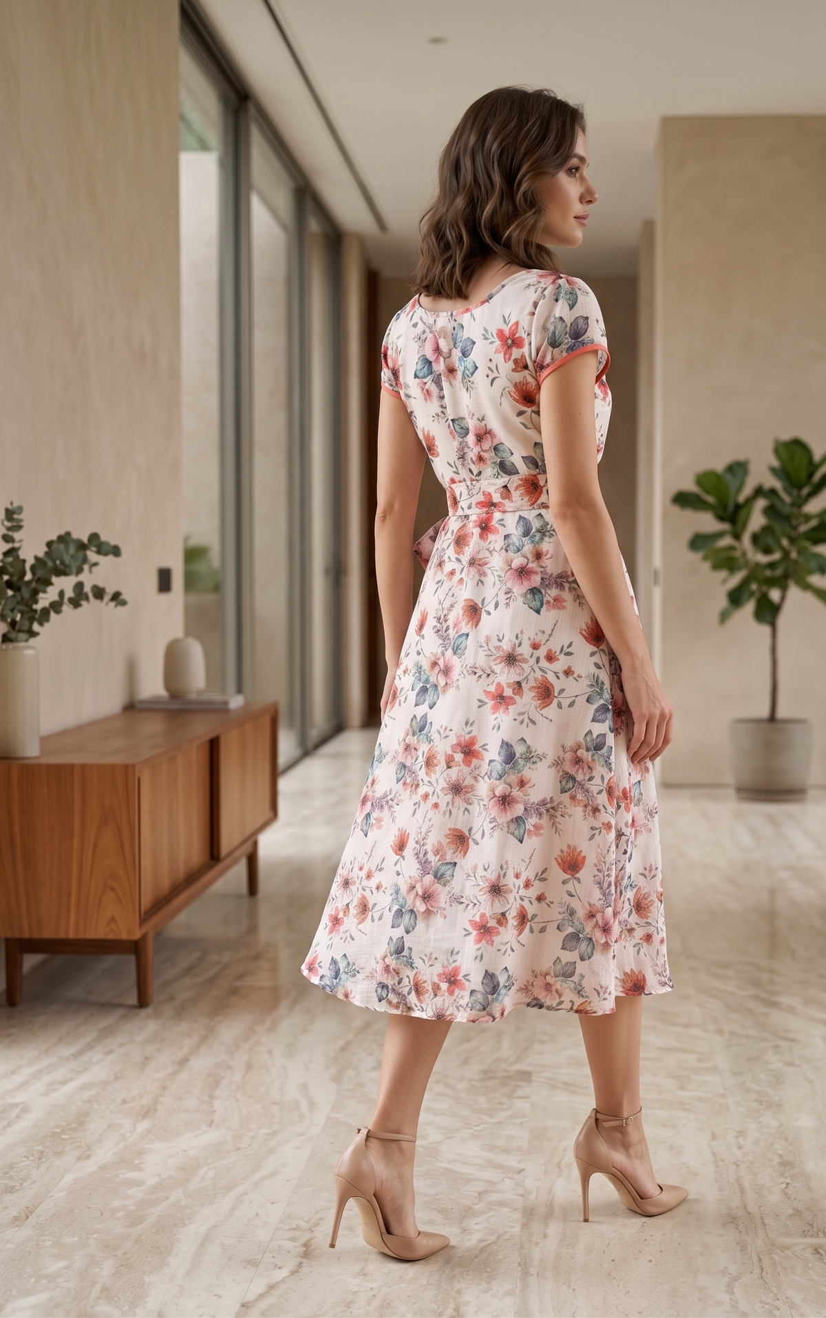 Ivory Floral Midi Dress with Waist Tie | Souchii