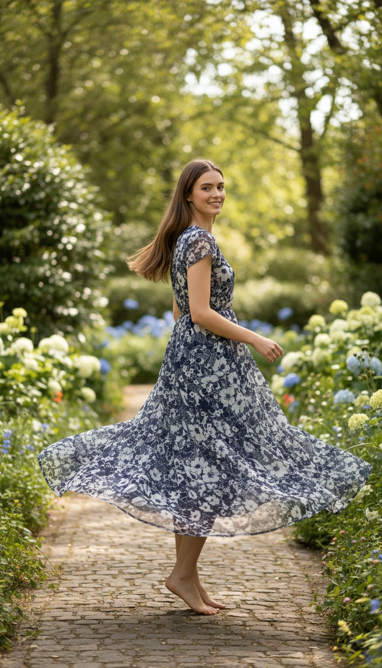 Souchii Navy & White Floral Print Fit & Flare Midi Dress