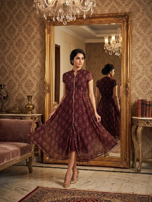 Gold Floral Print Chiffon Midi Dress for Women | Elegant Fit & Flare Party Wear