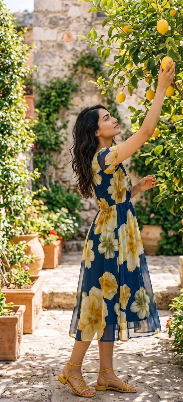 Souchii Turquoise Blue & Yellow Floral Midi Dress for Women | Elegant Floral Summer Dress