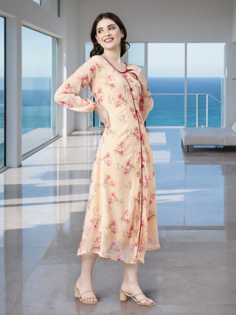 Midi Dress – Peach Floral Printed A-Line | Souchii