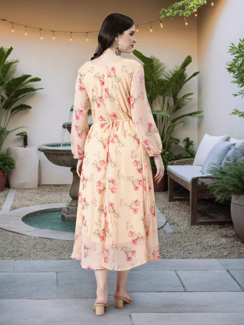 Midi Dress – Peach Floral Printed A-Line | Souchii