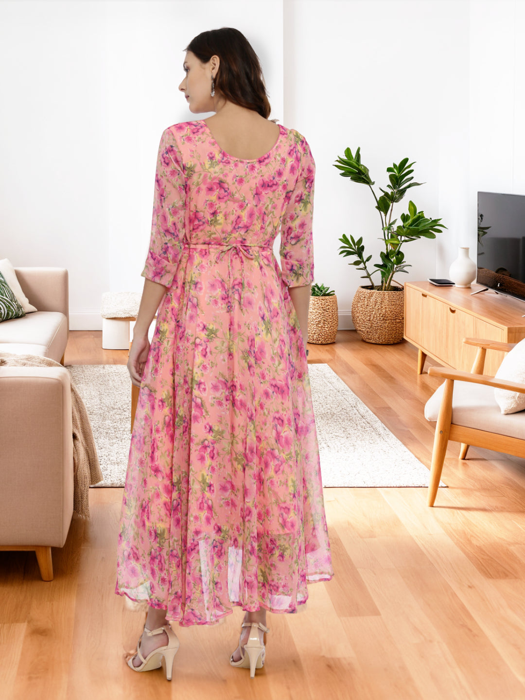 Fit & Flare Dress – Pink & Yellow Floral with High-Low Hem | Souchii
