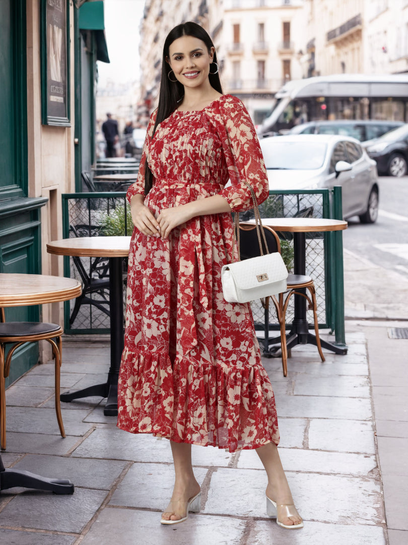 Midi Dress – Red & White Floral Printed A-Line | Souchii