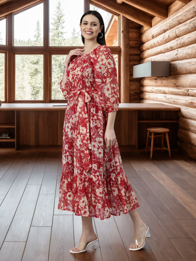Midi Dress – Red & White Floral Printed A-Line | Souchii