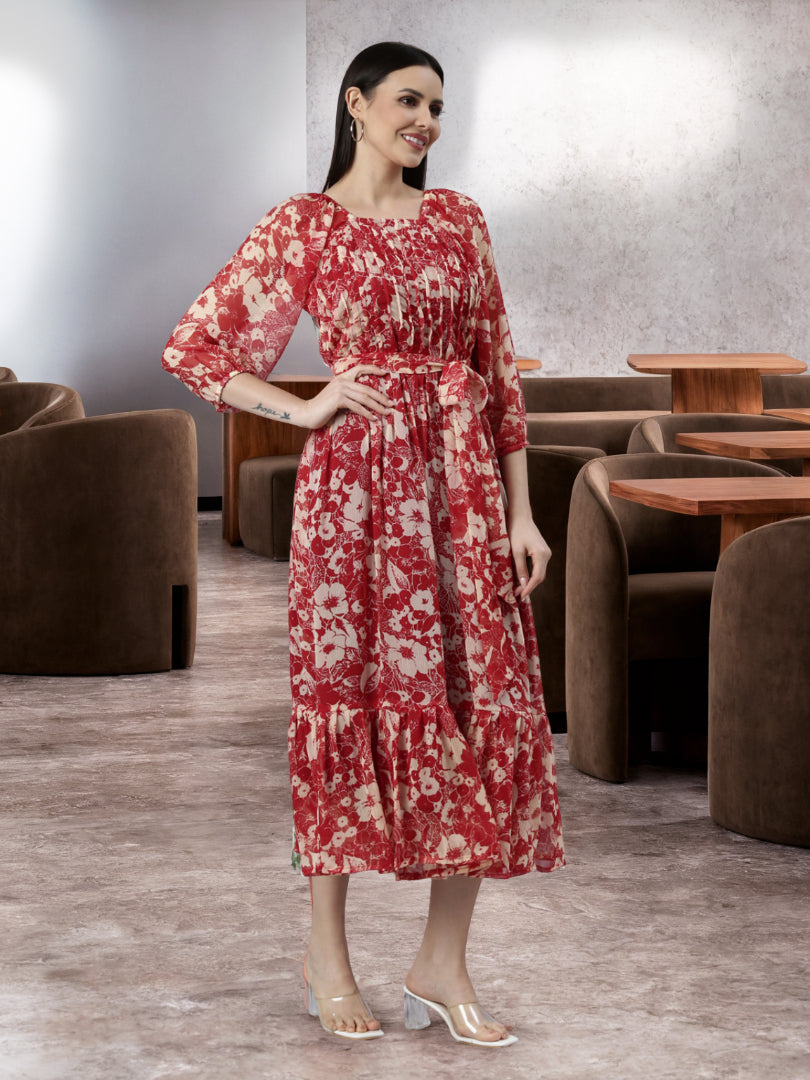 Midi Dress – Red & White Floral Printed A-Line | Souchii