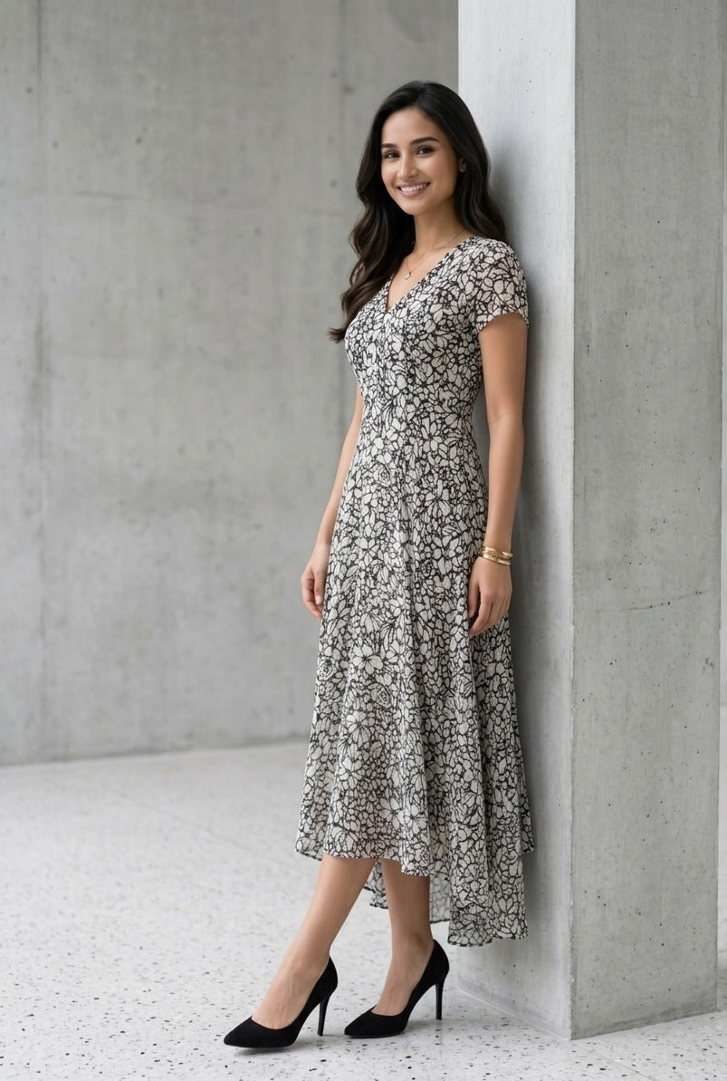 Souchii Black & Ivory Floral Chiffon Dress