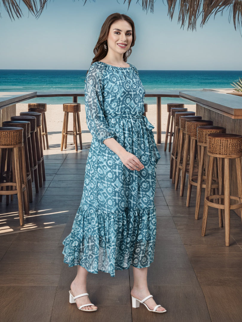 Maxi Dress – Blue Geometric Print Fit & Flare | Souchii