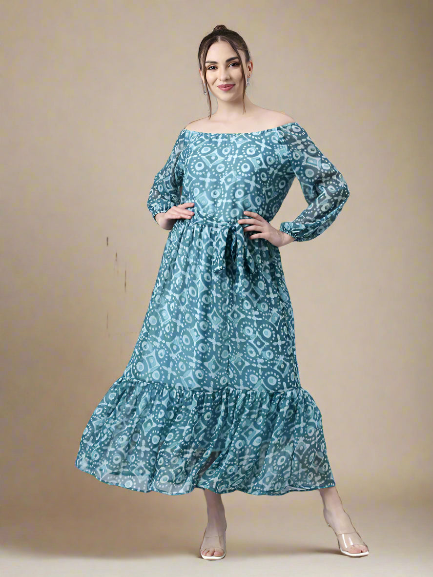 Maxi Dress – Blue Geometric Print Fit & Flare | Souchii