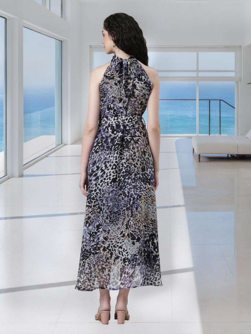 Maxi Dress – Cream Animal Print Halter Neck | Souchii