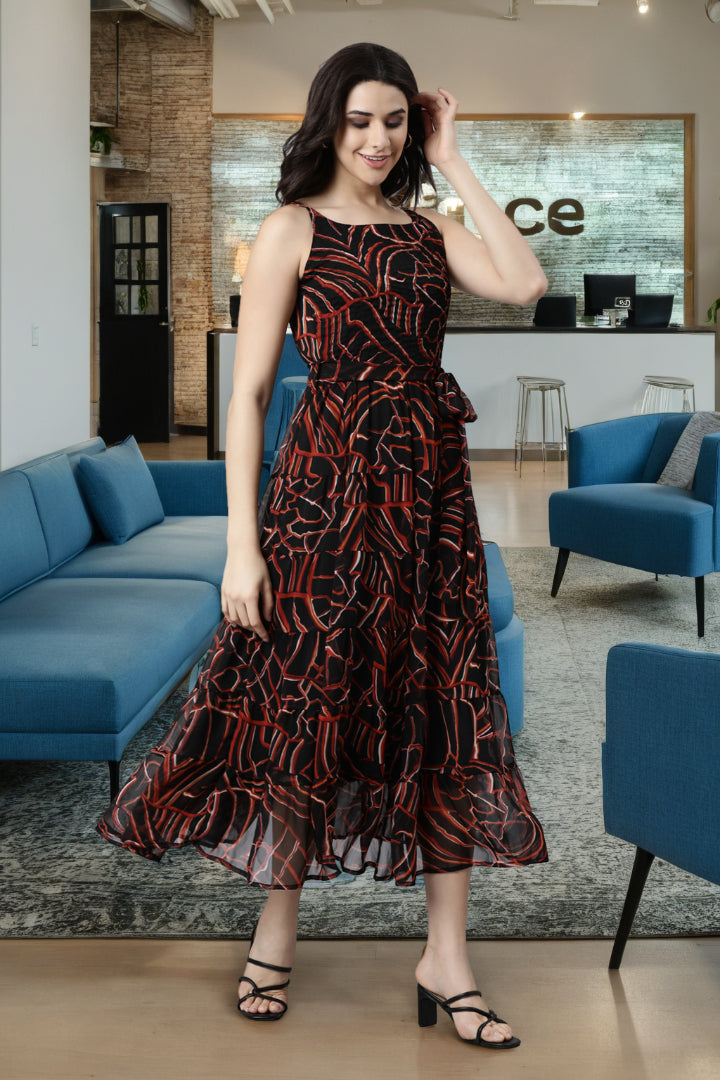 Dress – Black Abstract Printed A-Line Tiered | Souchii