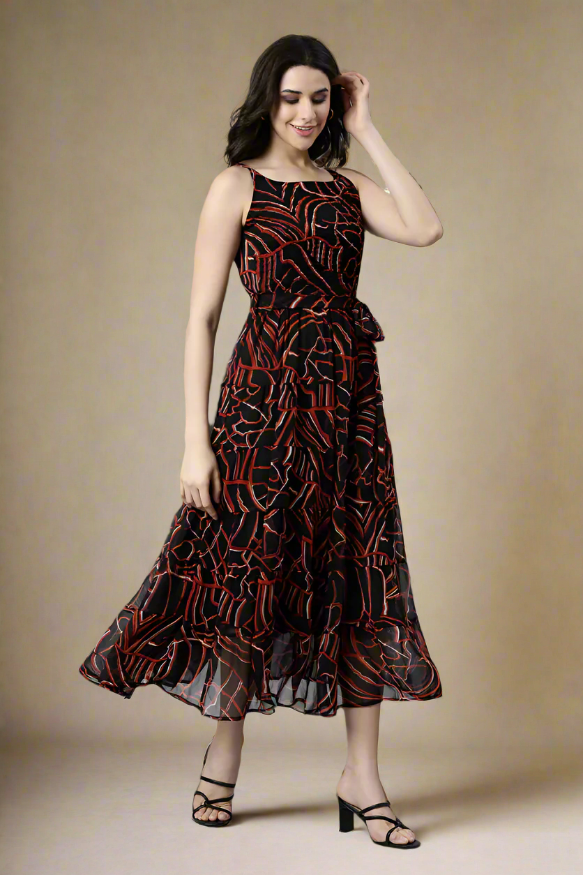 Dress – Black Abstract Printed A-Line Tiered | Souchii