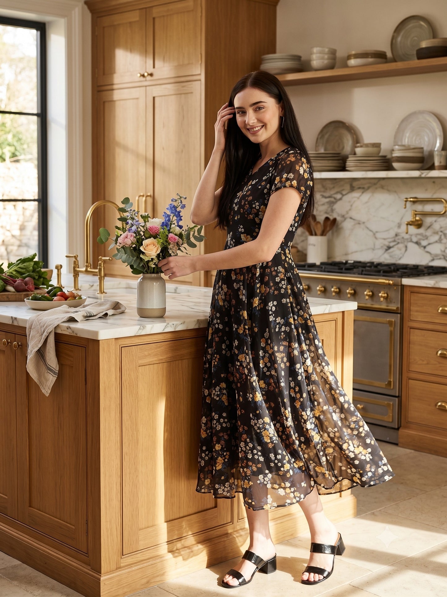 Souchii Women's Black Floral Printed Chiffon Midi Dress | Elegant V-Neck Fit & Flare Party Dress