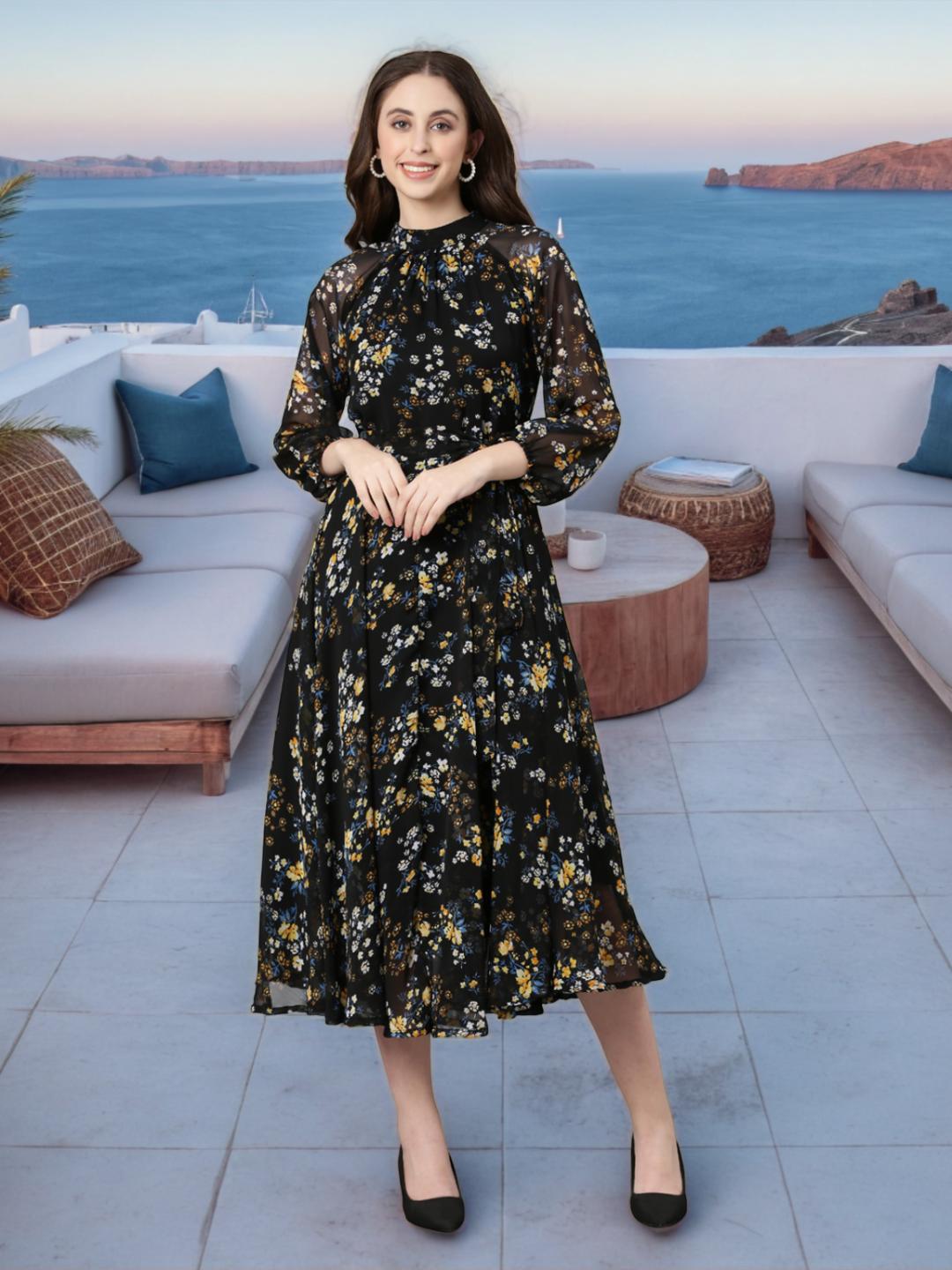 Fit & Flare Dress – Black Printed Chiffon | Souchii