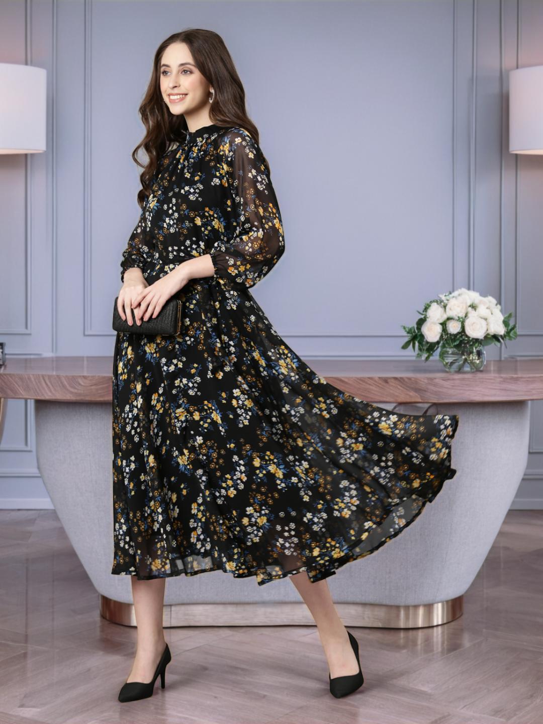 Fit & Flare Dress – Black Printed Chiffon | Souchii
