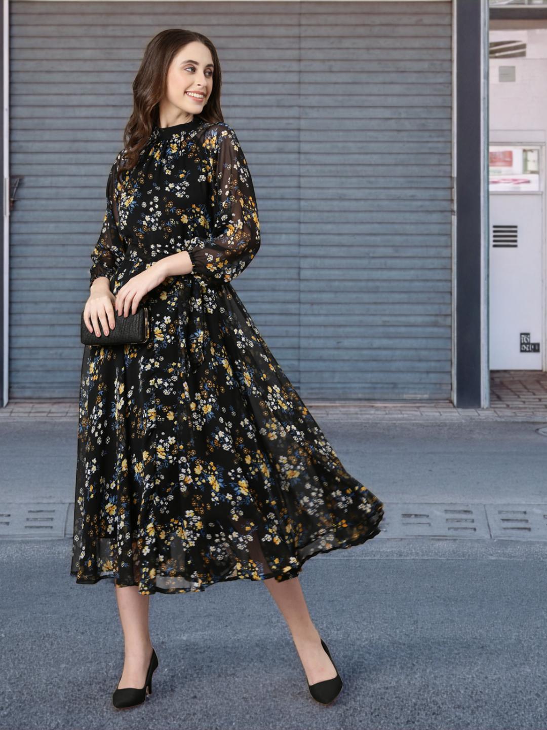 Fit & Flare Dress – Black Printed Chiffon | Souchii