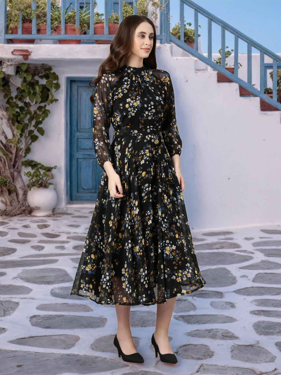 Fit & Flare Dress – Black Printed Chiffon | Souchii