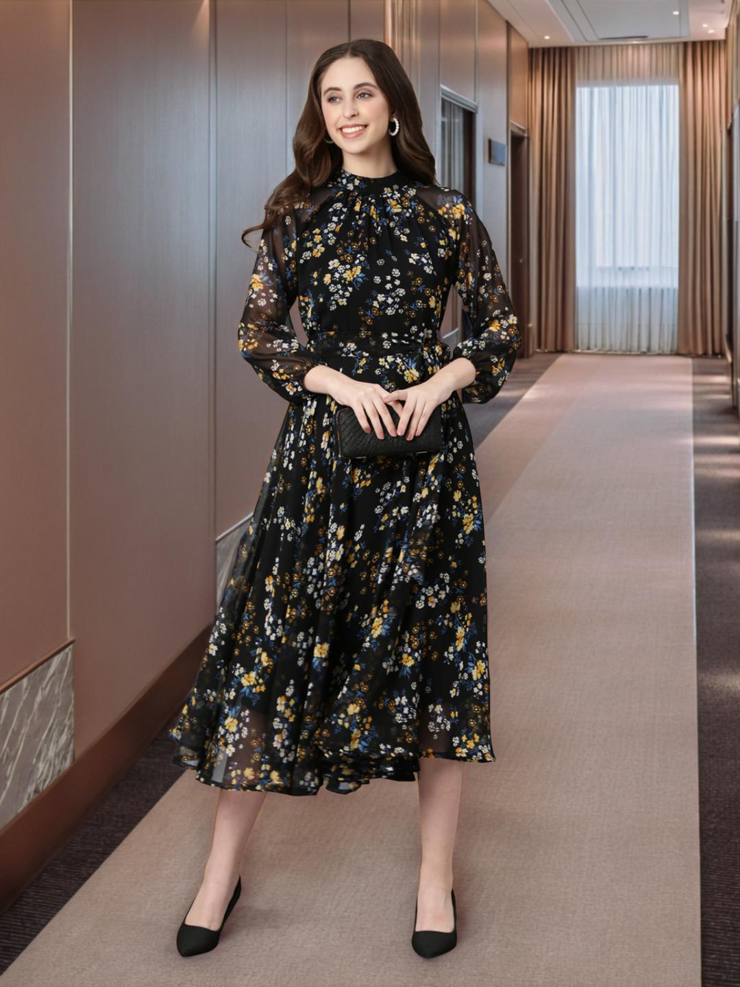 Fit & Flare Dress – Black Printed Chiffon | Souchii