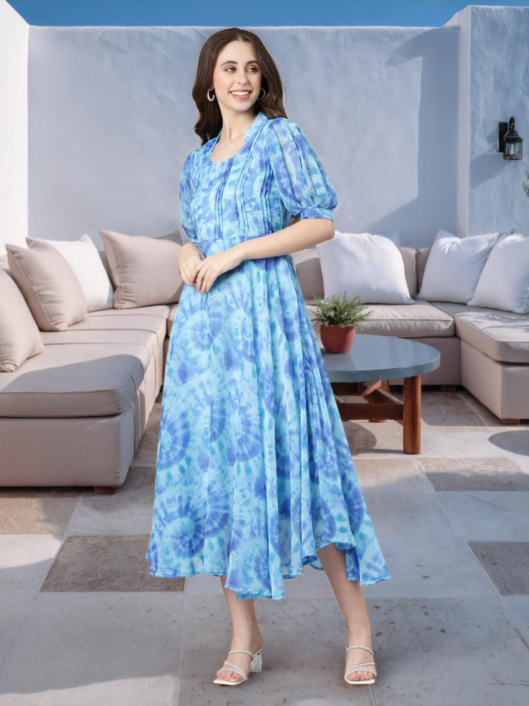 Dress – Blue Abstract Print Fit & Flare Chiffon | Souchii