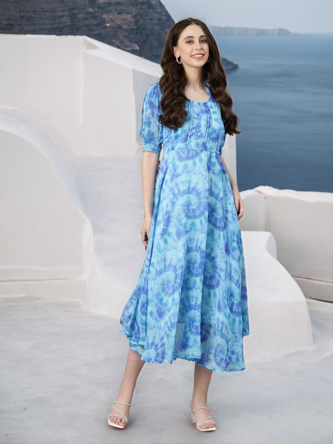 Dress – Blue Abstract Print Fit & Flare Chiffon | Souchii