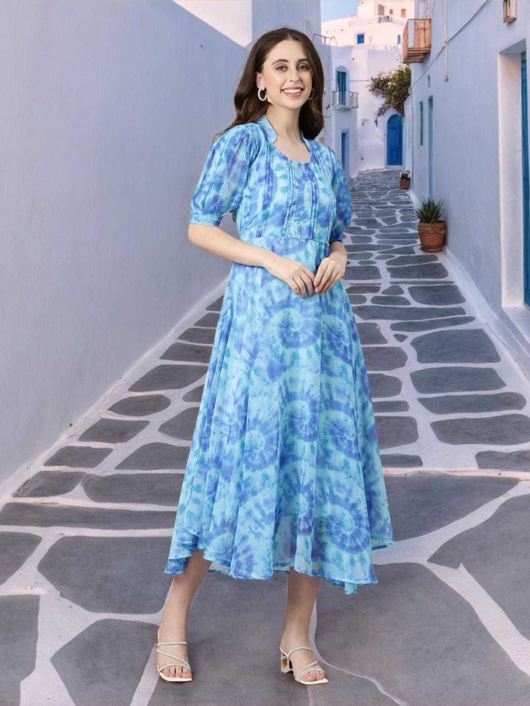 Dress – Blue Abstract Print Fit & Flare Chiffon | Souchii