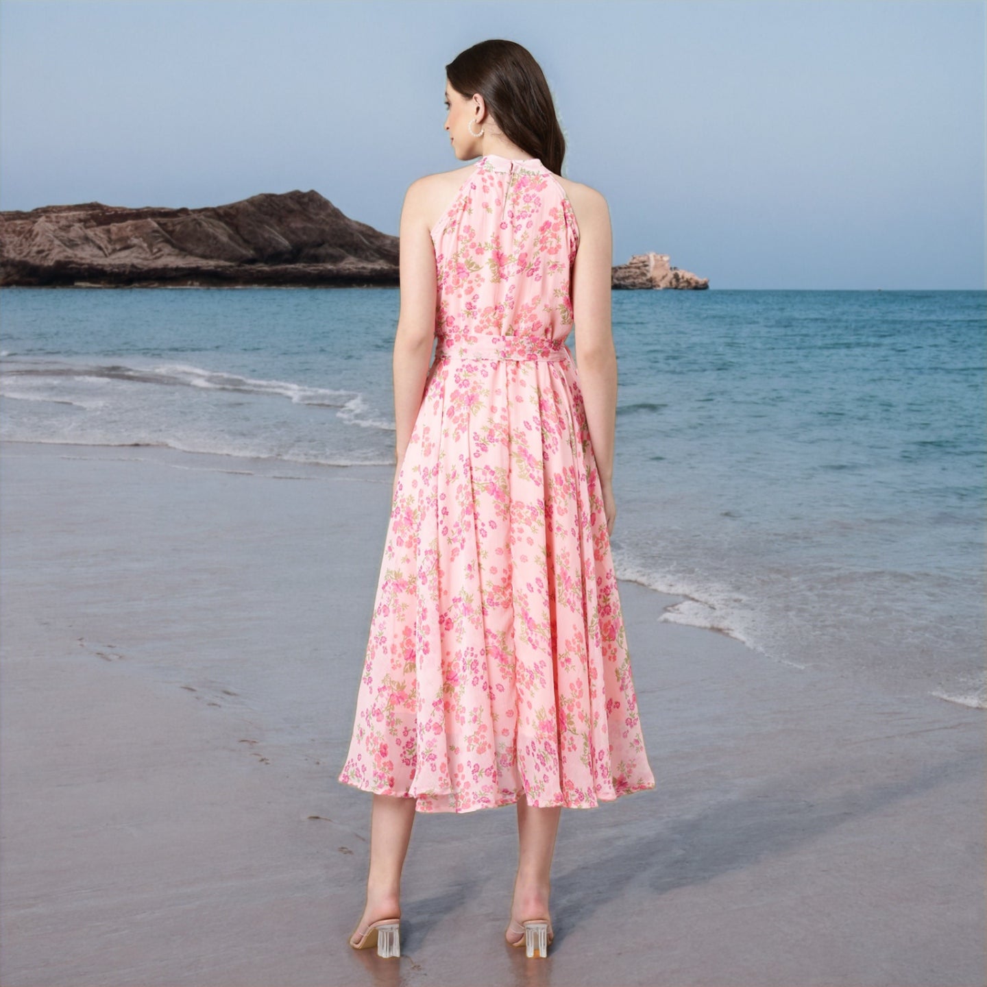 Maxi Dress – Pink Floral Chiffon Fit & Flare | Souchii