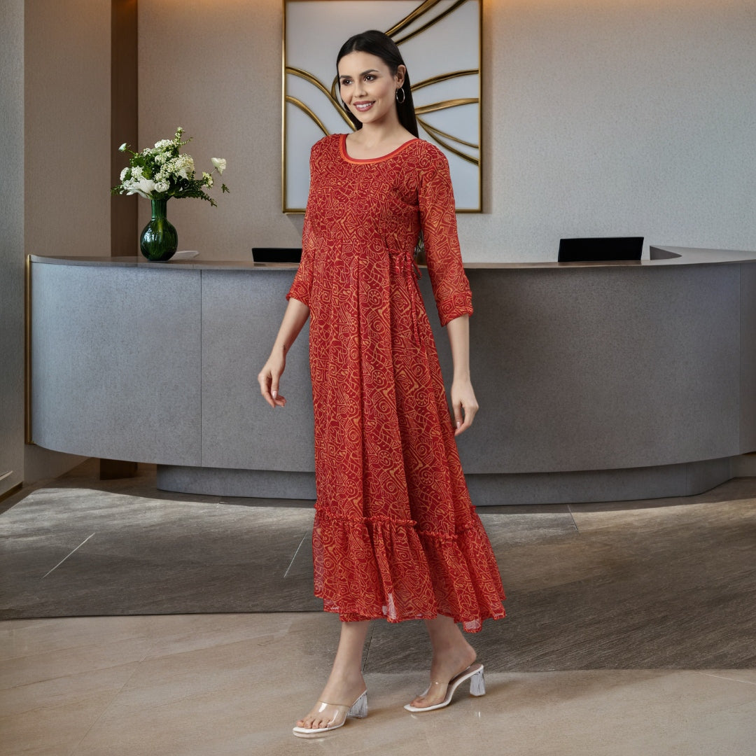 Fit & Flare Dress – Red Abstract Printed | Souchii