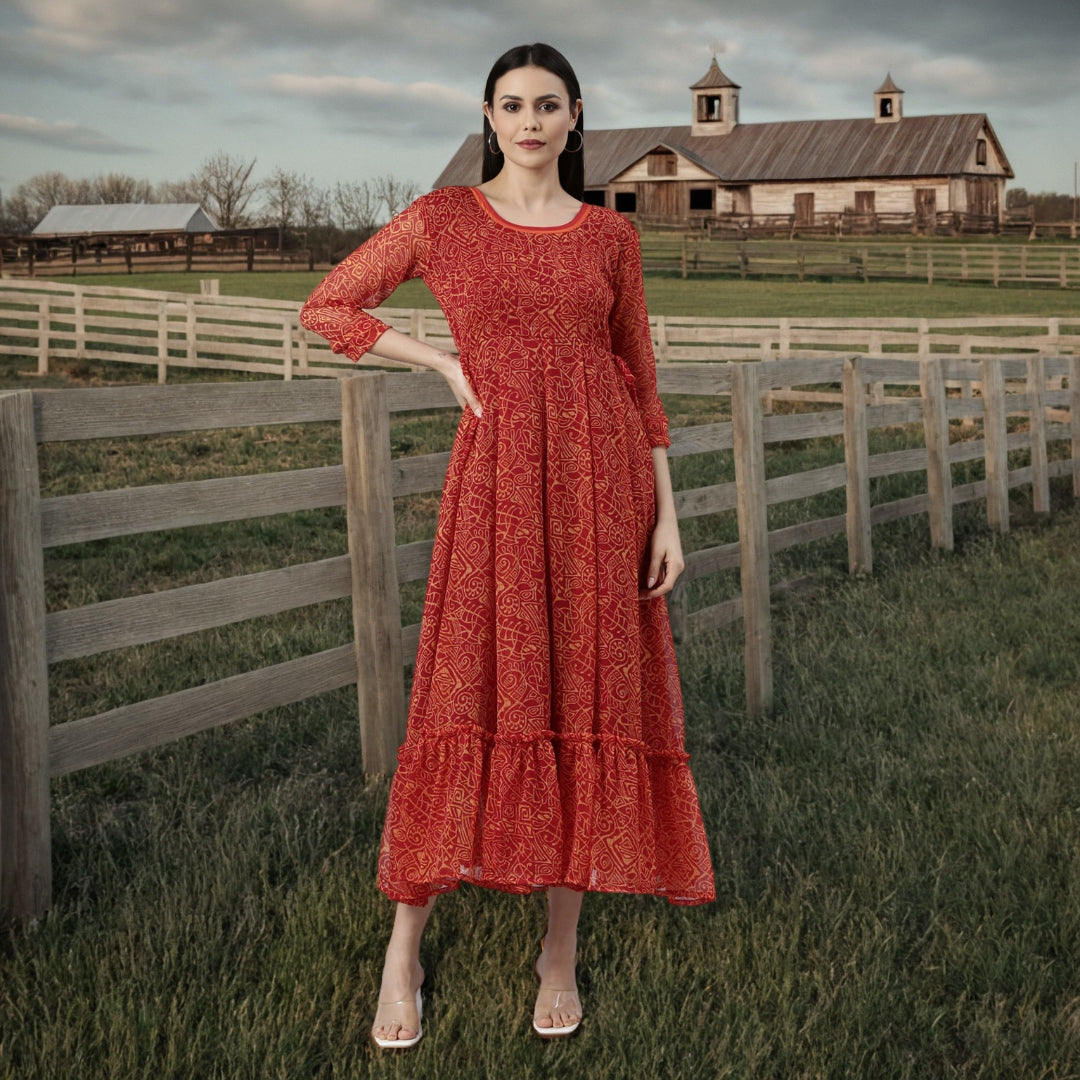 Fit & Flare Dress – Red Abstract Printed | Souchii