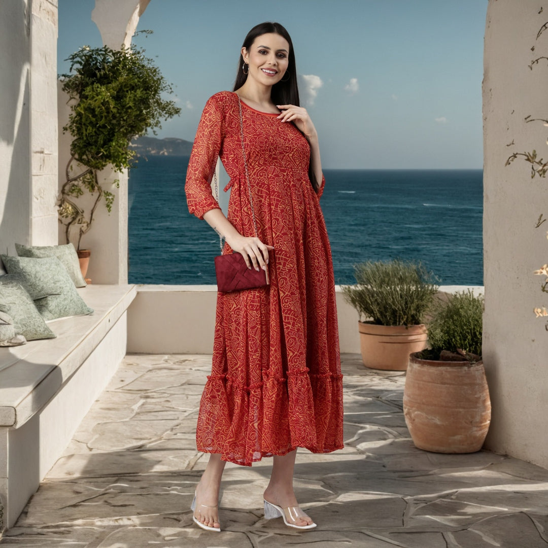 Fit & Flare Dress – Red Abstract Printed | Souchii