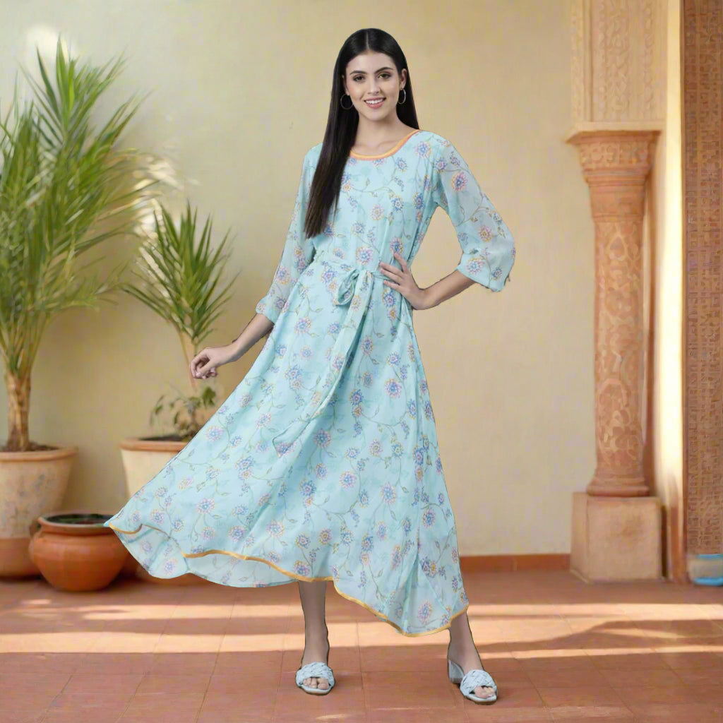 Blue Floral Chiffon Maxi Dress for Women – Souchii