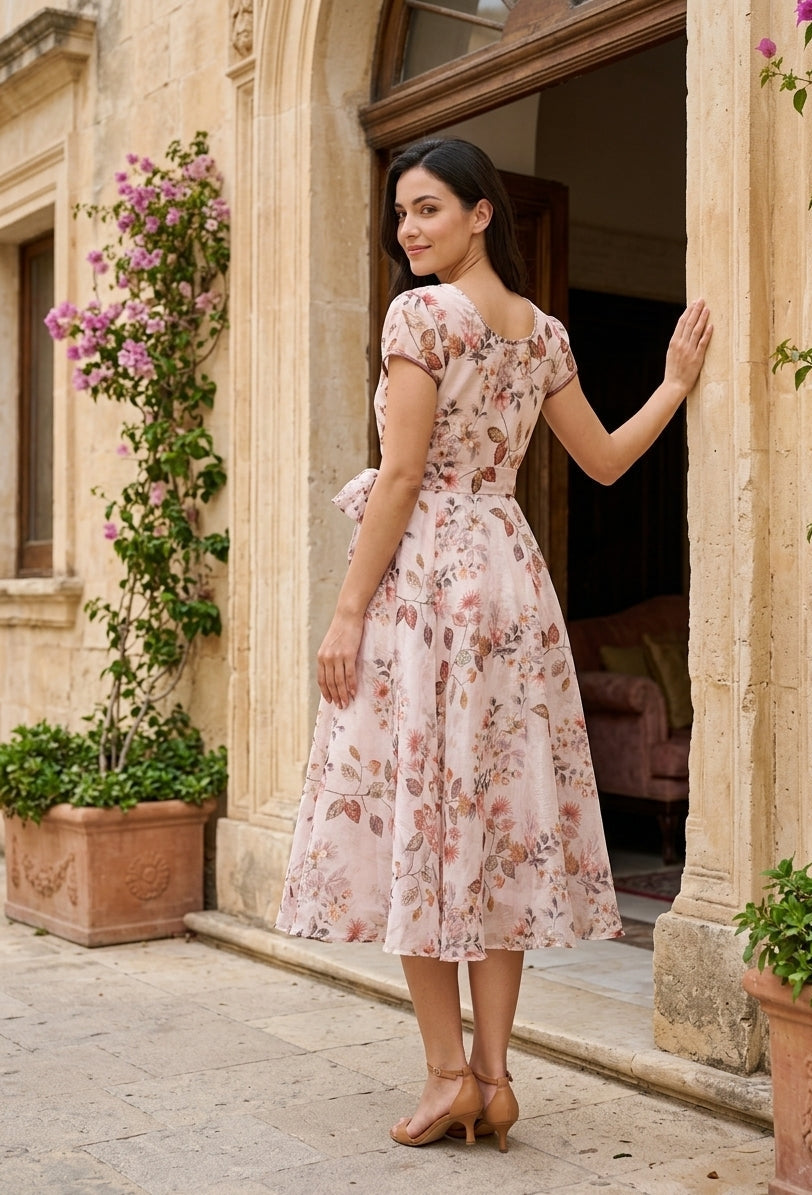 Women’s Floral Print Fit and Flare Midi Dress with Waist Tie – Souchii