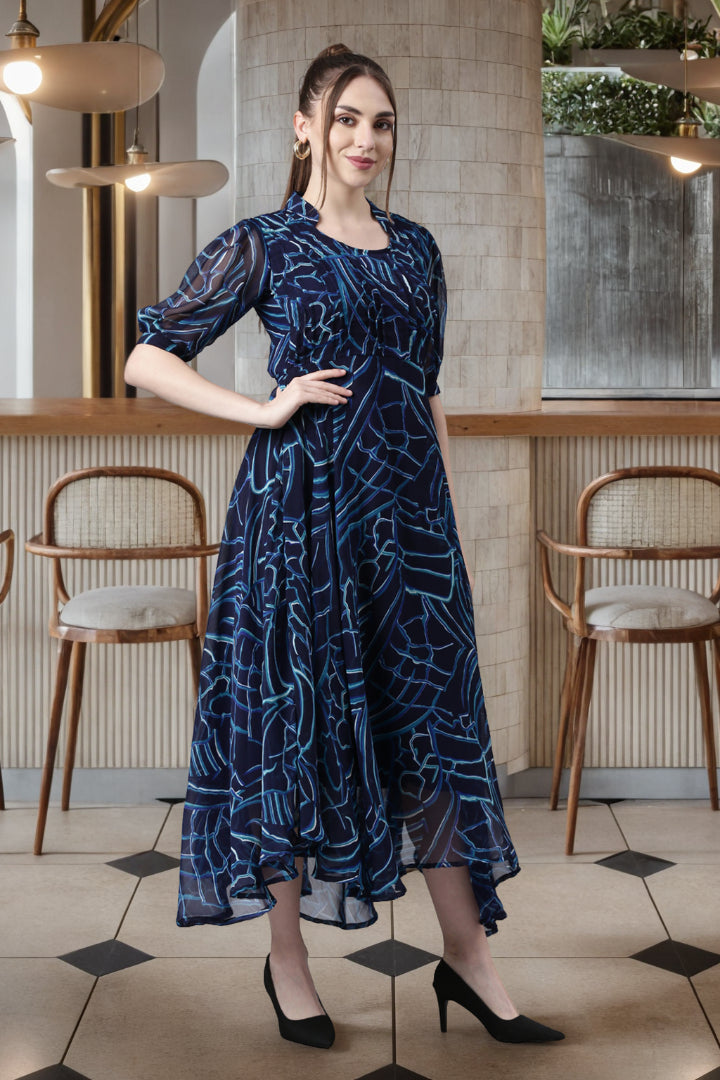 Fit & Flare Dress – Navy Blue Abstract Printed | Souchii