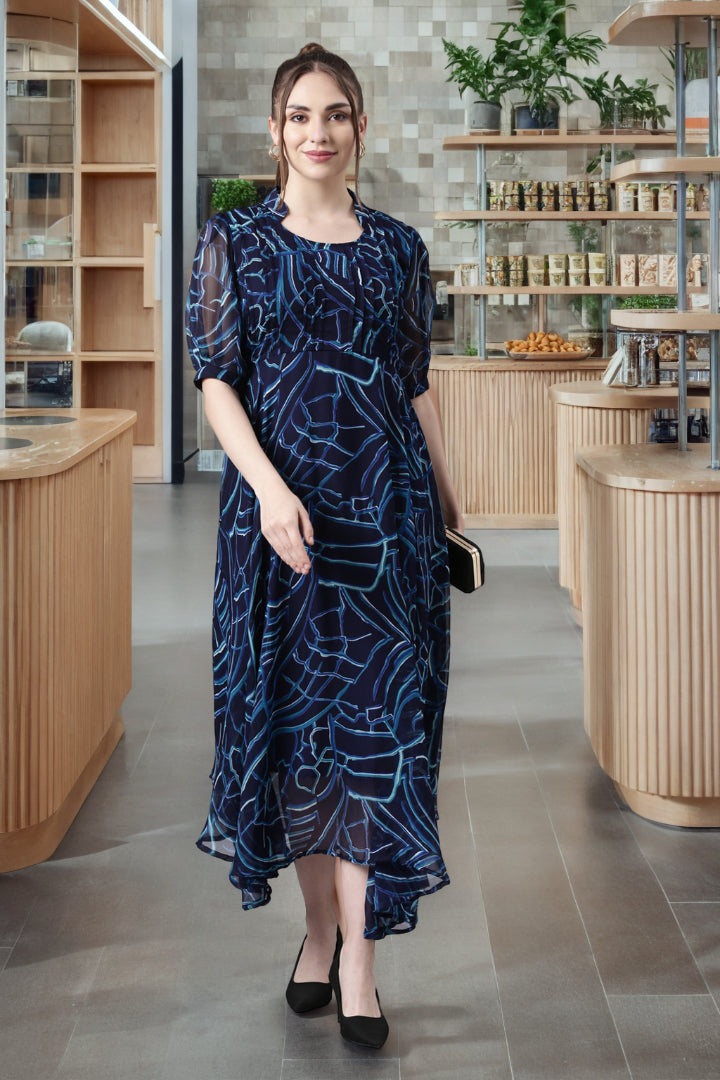 Fit & Flare Dress – Navy Blue Abstract Printed | Souchii