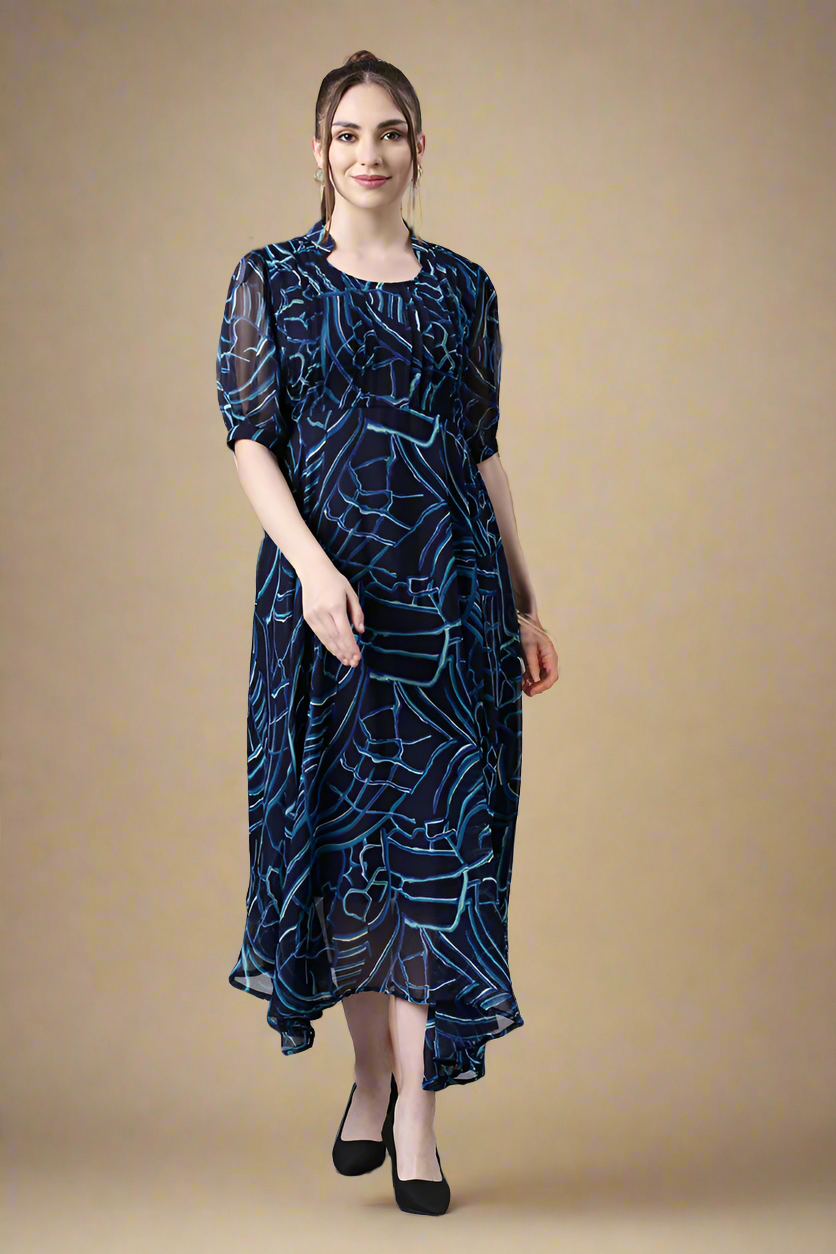 Fit & Flare Dress – Navy Blue Abstract Printed | Souchii