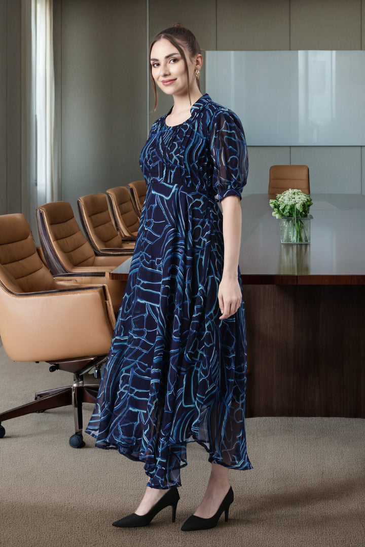 Fit & Flare Dress – Navy Blue Abstract Printed | Souchii