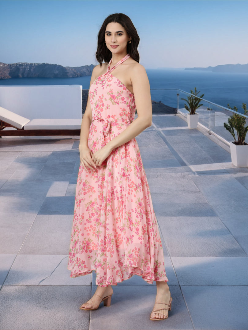 Dress – Pink Floral Halter Neck | Souchii
