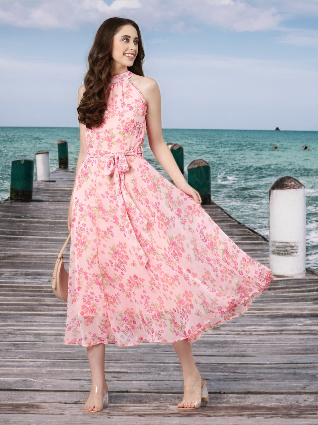Maxi Dress – Pink Floral Chiffon Fit & Flare | Souchii