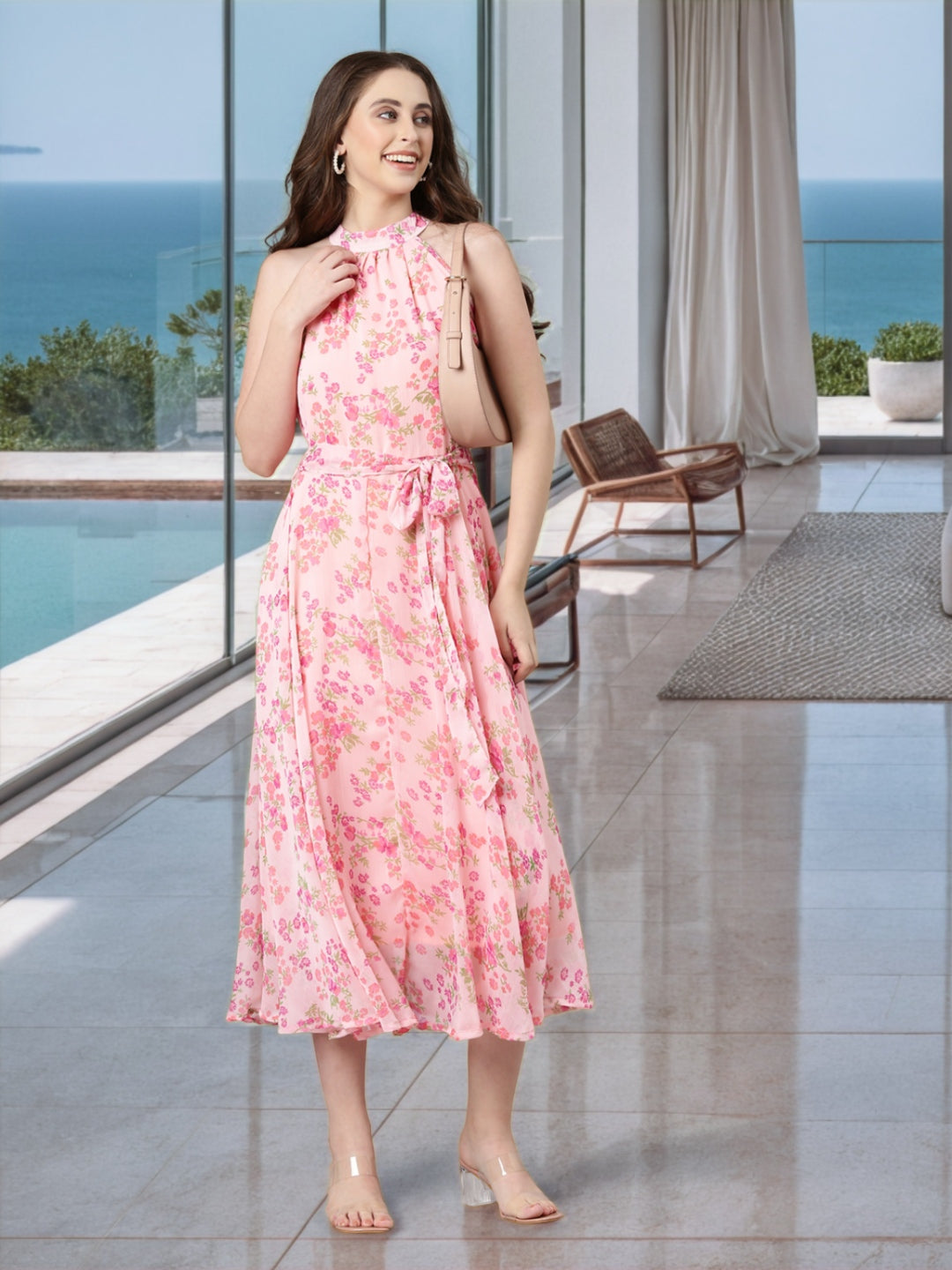 Maxi Dress – Pink Floral Chiffon Fit & Flare | Souchii