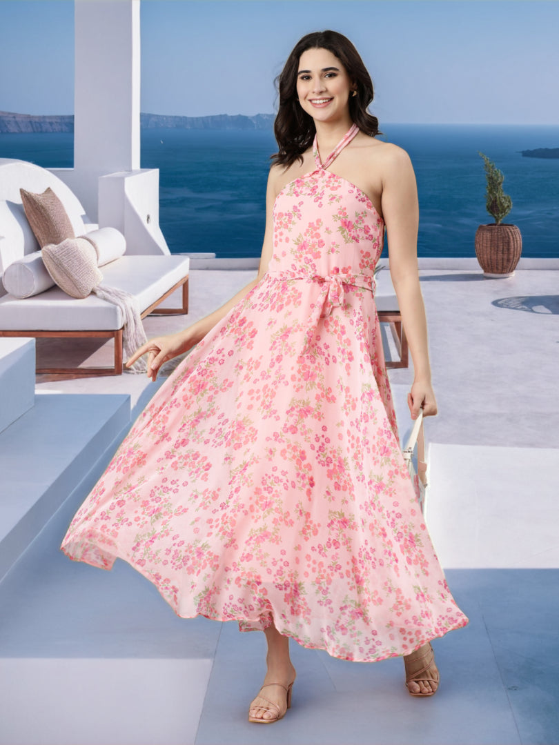 Dress – Pink Floral Halter Neck | Souchii