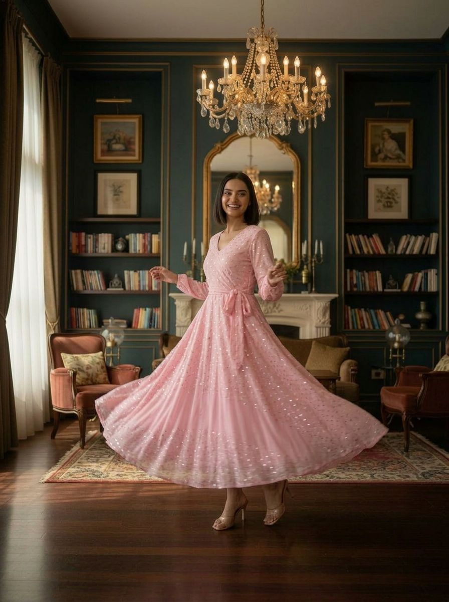 Souchii Blush Pink Sequin-Embellished Chiffon Wrap Midi Party Dress
